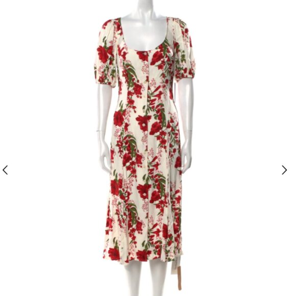 Reformation Beechwood Red Floral Puff Sleeve Button Midi Dress Romantic Boho - Picture 2 of 7